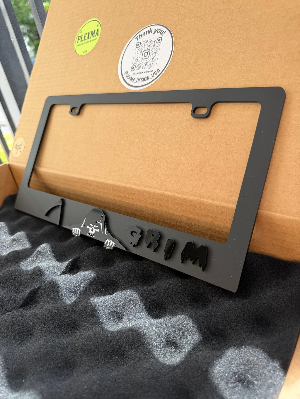 Handmade Grim Reaper license plate frame, black acrylic 3D car frame USA