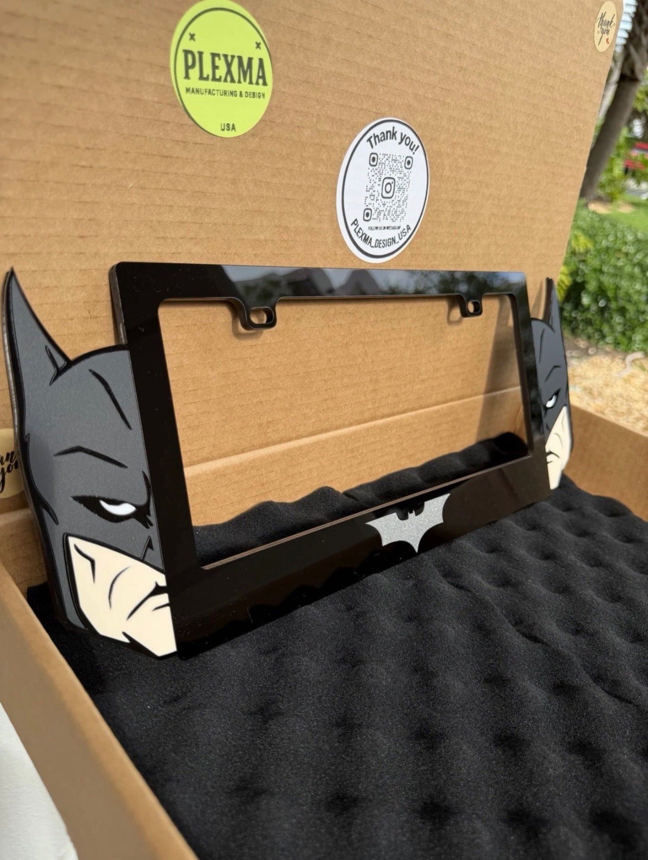 Batman 3D license plate frame glossy matte black acrylic handmade in USA