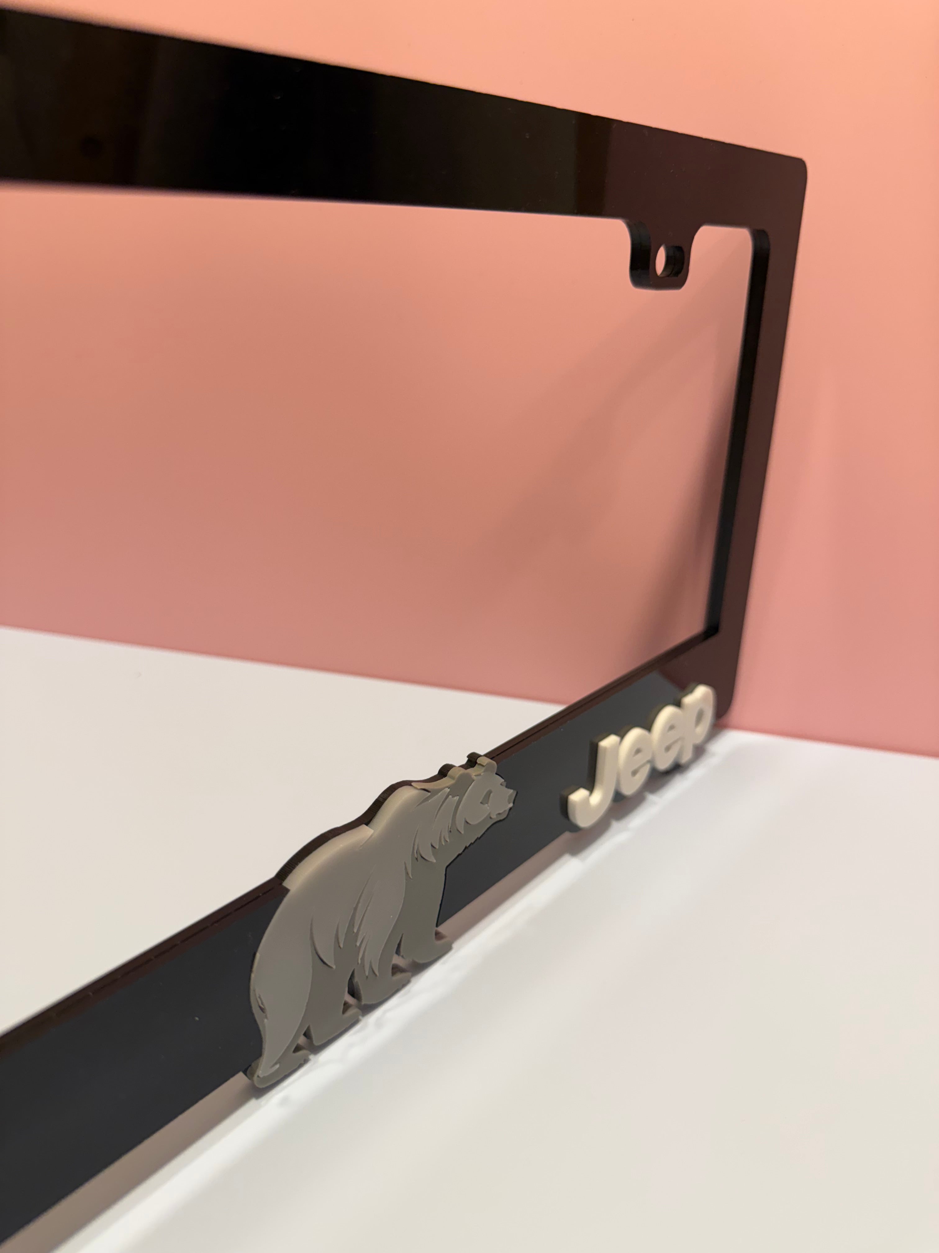 Jeep style 3D acrylic license plate frame custom off road vehicle decor
