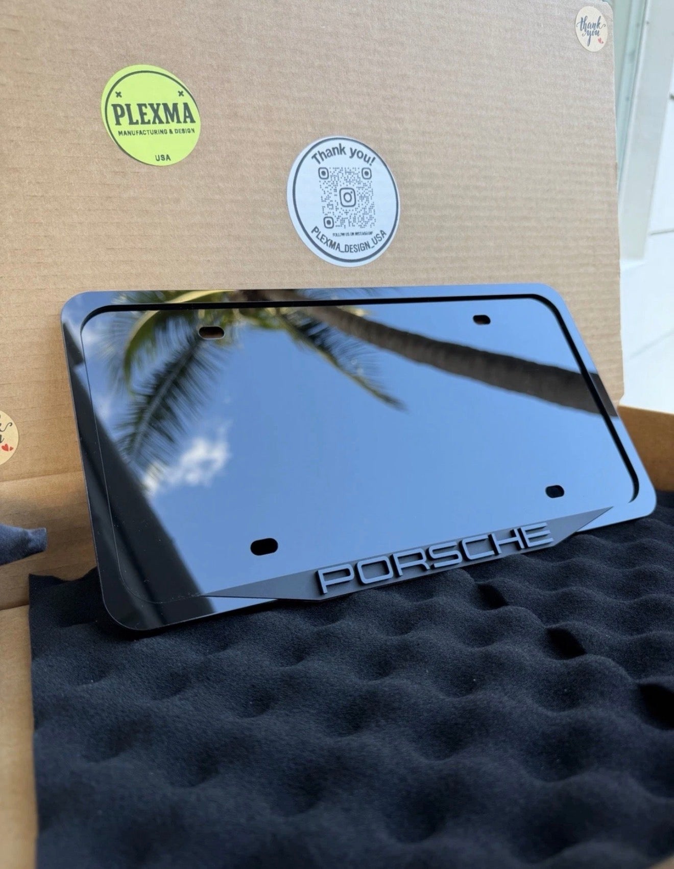 Porsche custom logo plate frame 3D layered acrylic for sports cars, black finish