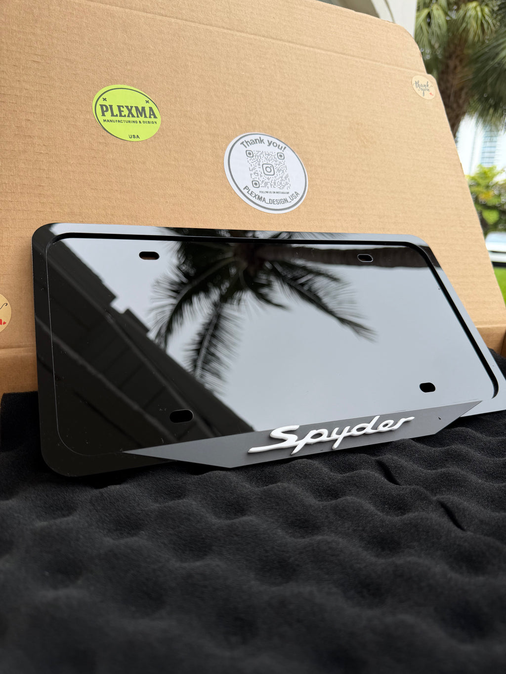 Porsche Spyder 3D license plate frame glossy black acrylic handmade in USA
