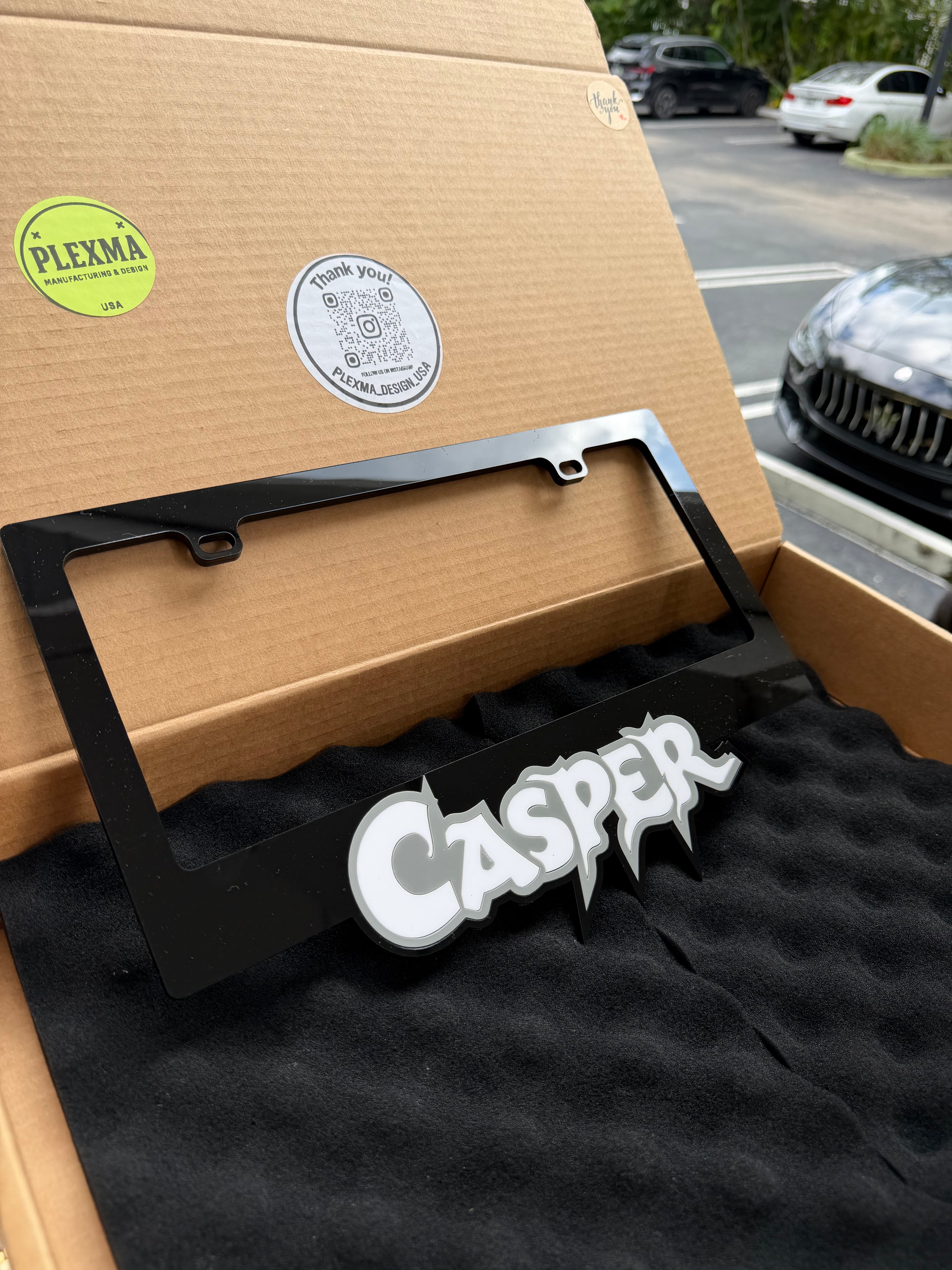Casper Ghost Style 3D Acrylic License Plate Frame Glossy Black Handmade in USA