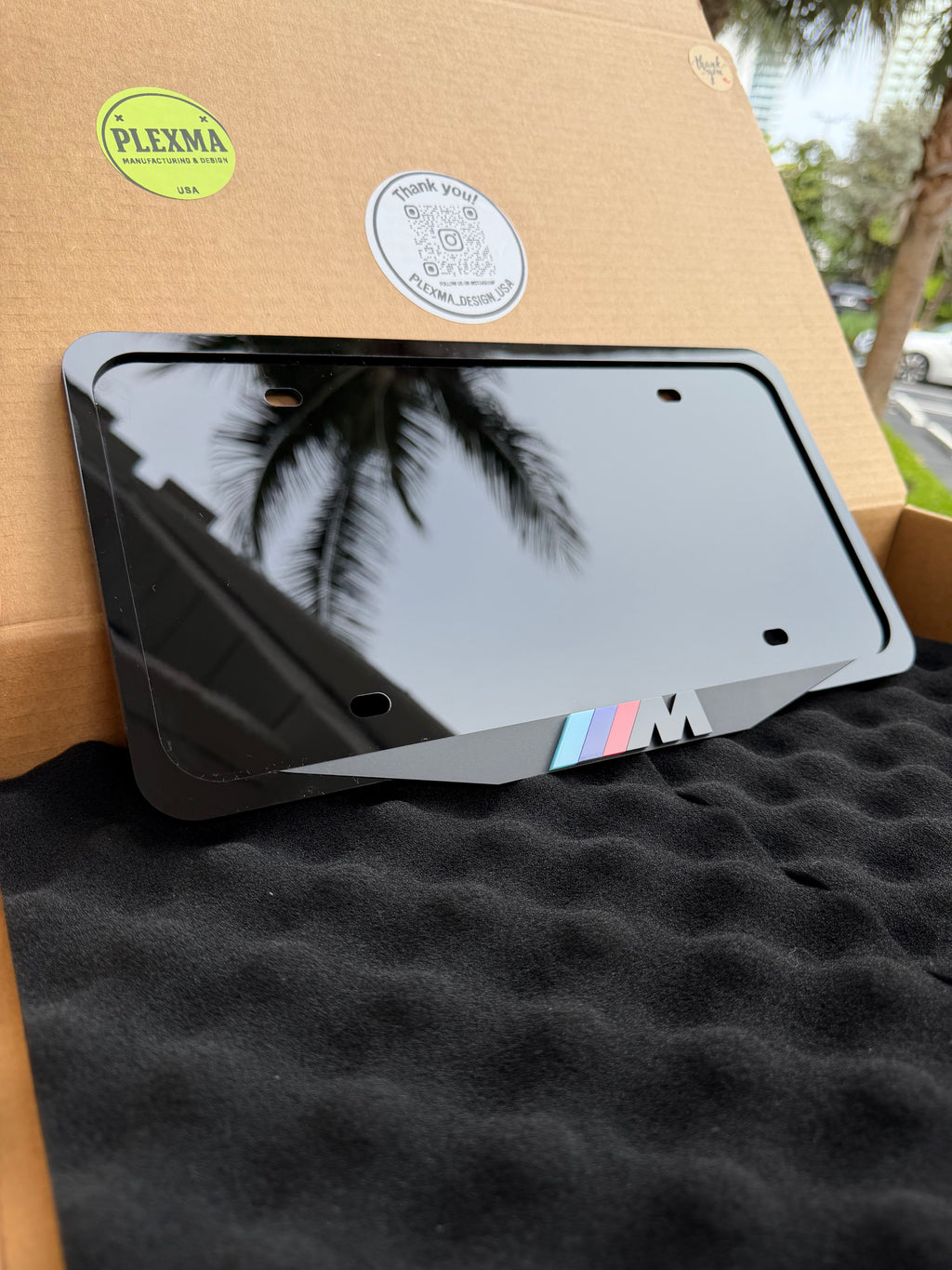 BMW 3D license plate frame glossy black acrylic handmade in USA luxury car accessory
