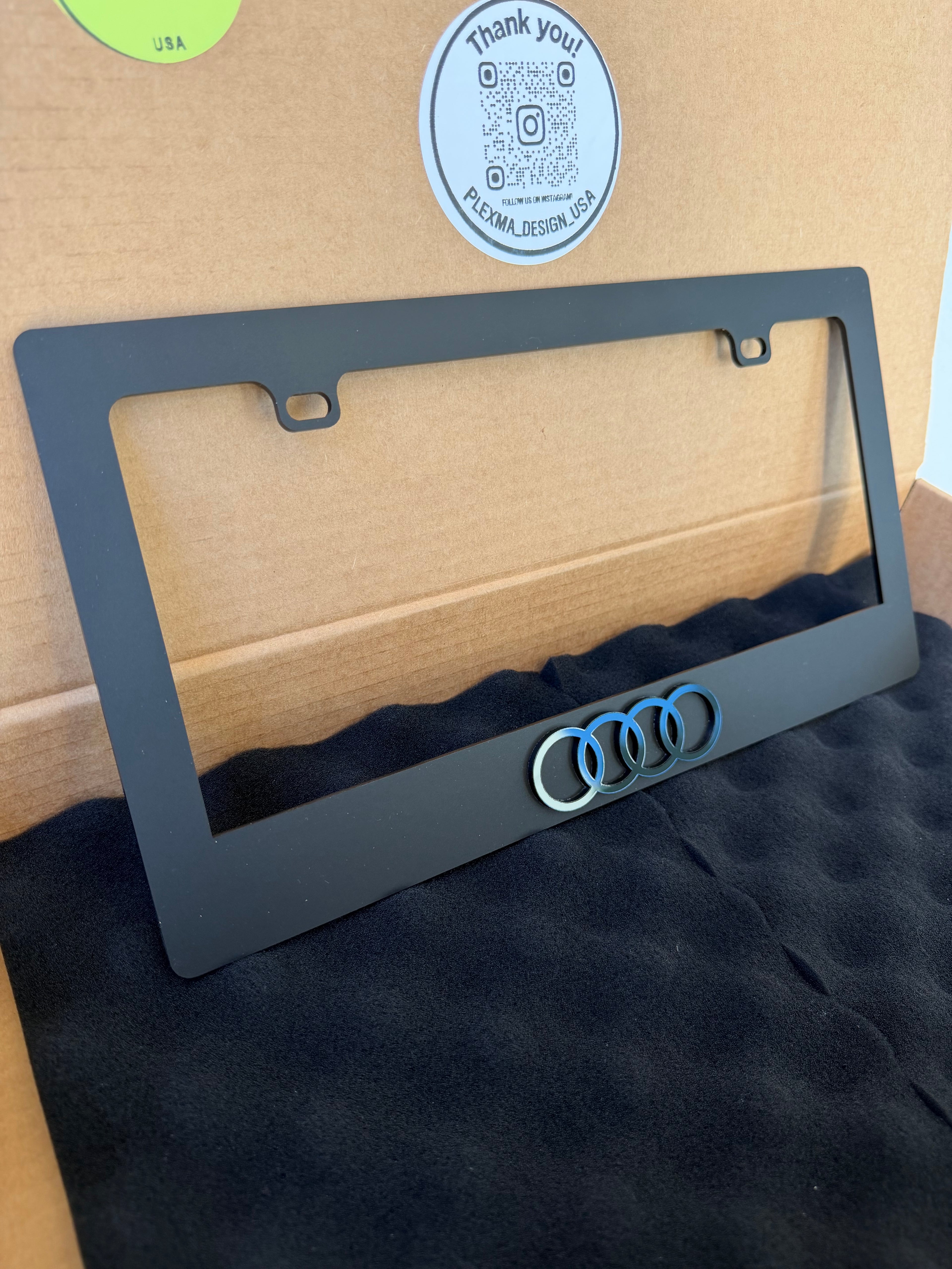 Luxury Audi Black Acrylic License Plate Frame 3D Emblem Design