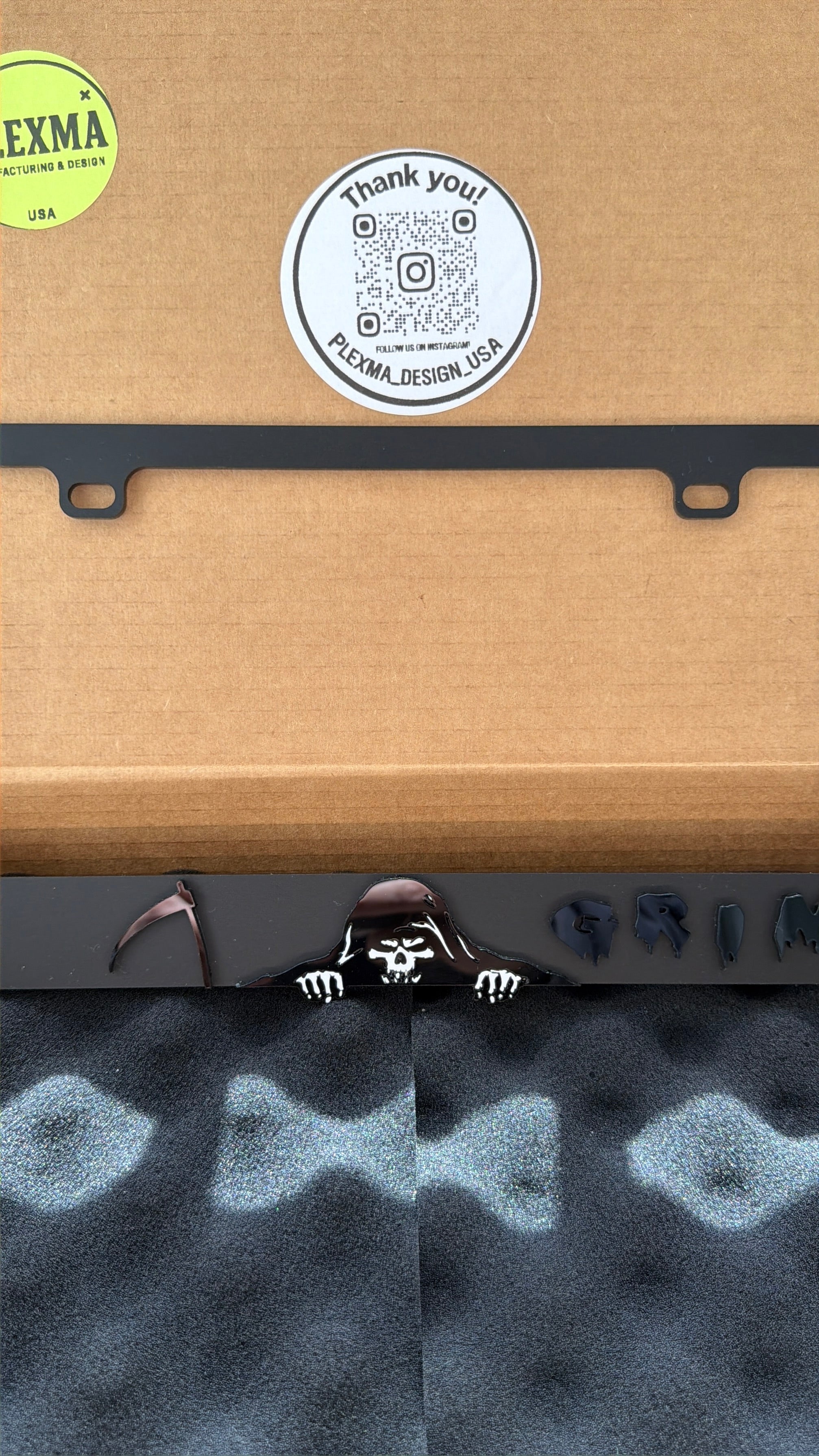 Custom Grim Reaper 3D license plate frame for cars, handmade black acrylic