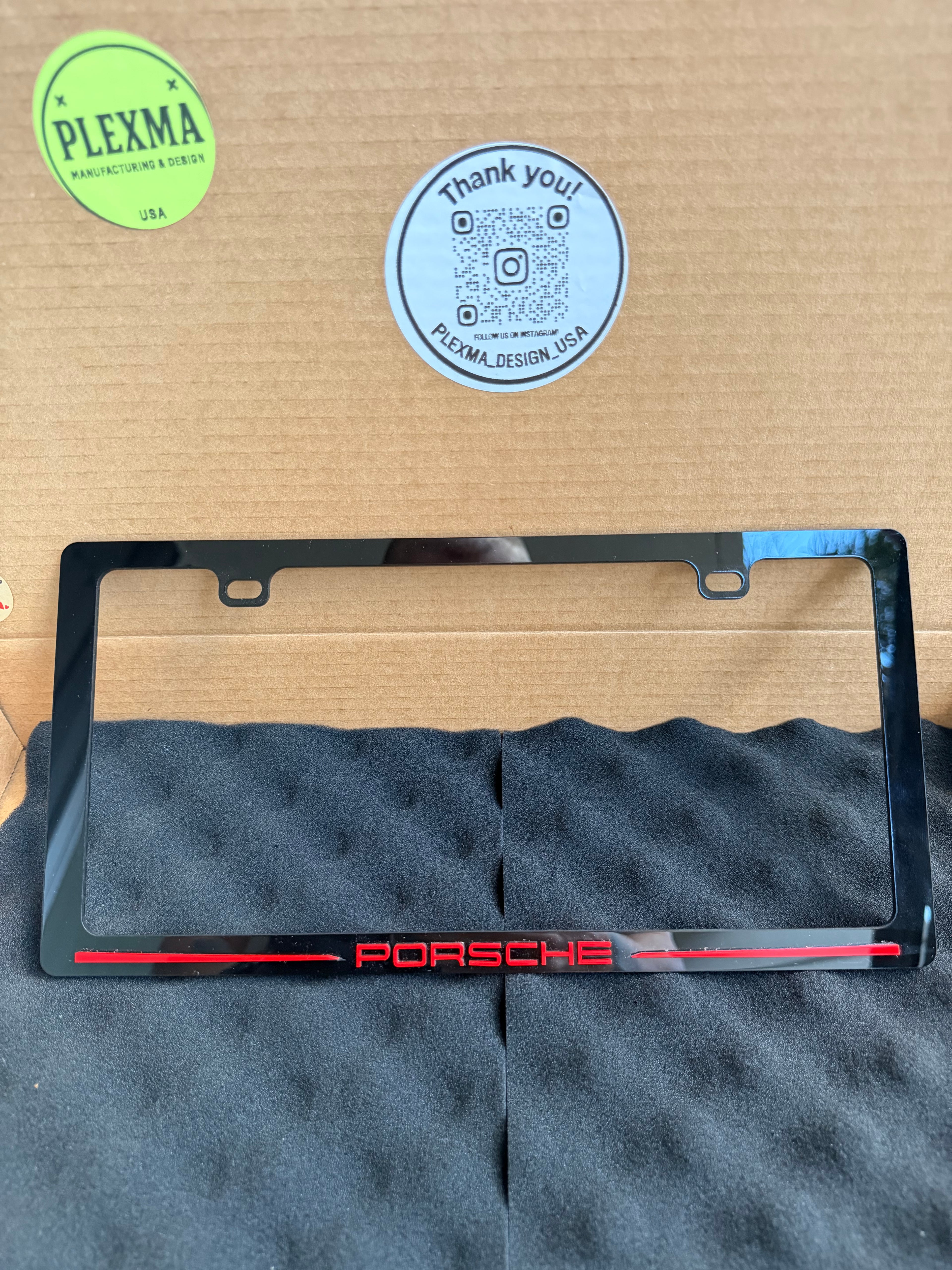 Luxury Porsche 911 logo license plate frame glossy black layered acrylic