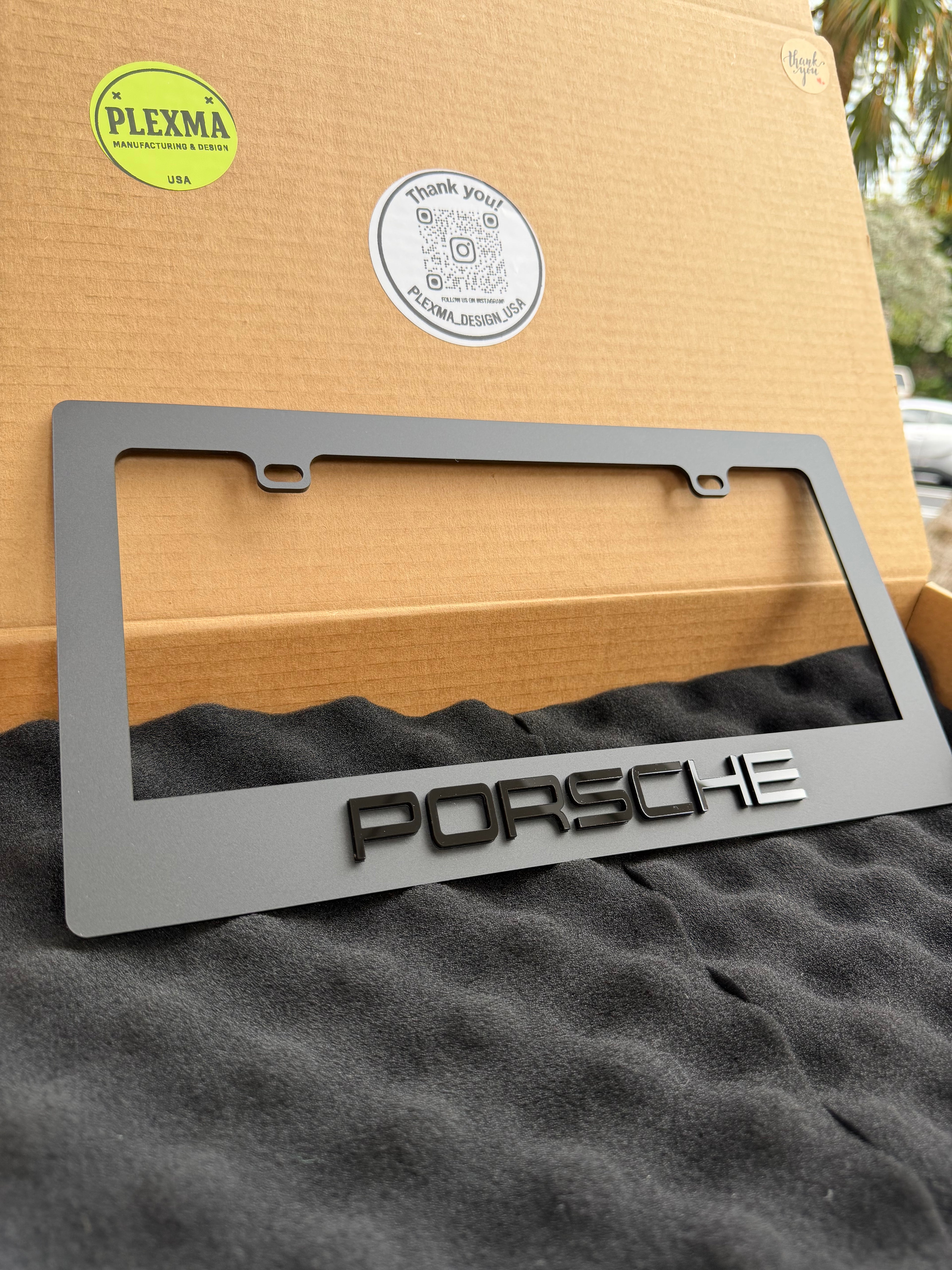Porsche logo plate frame glossy black 3D acrylic, luxury performance car accessory