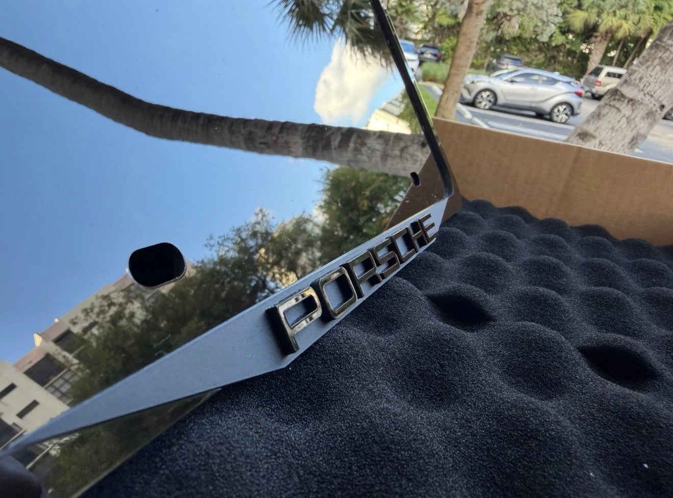 Porsche luxury license plate frame glossy black layered acrylic, premium car accessory