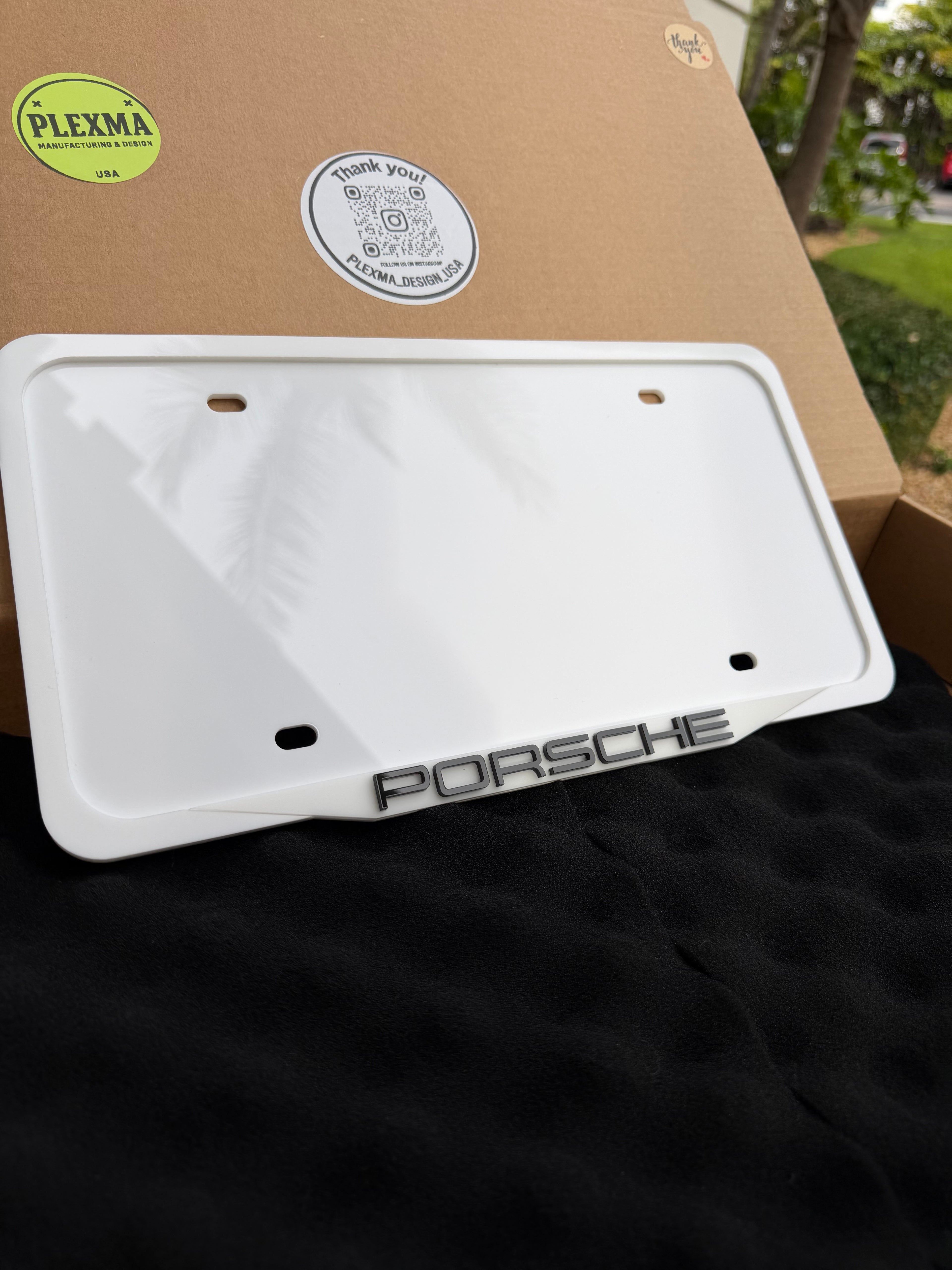 Porsche style 3D license plate frame glossy white acrylic handmade in USA
