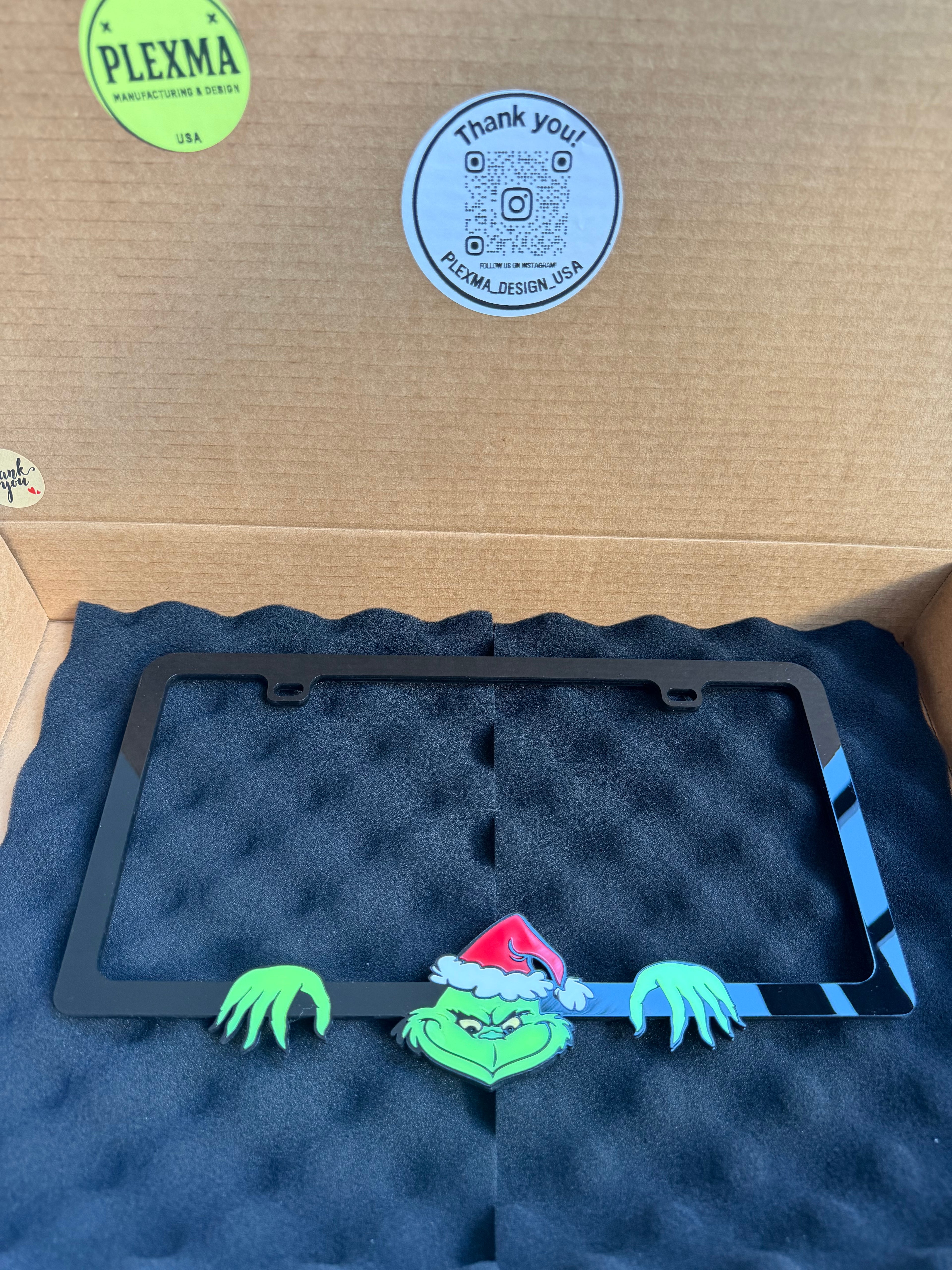 Grinch Christmas license plate frame glossy black layered acrylic, funny car design