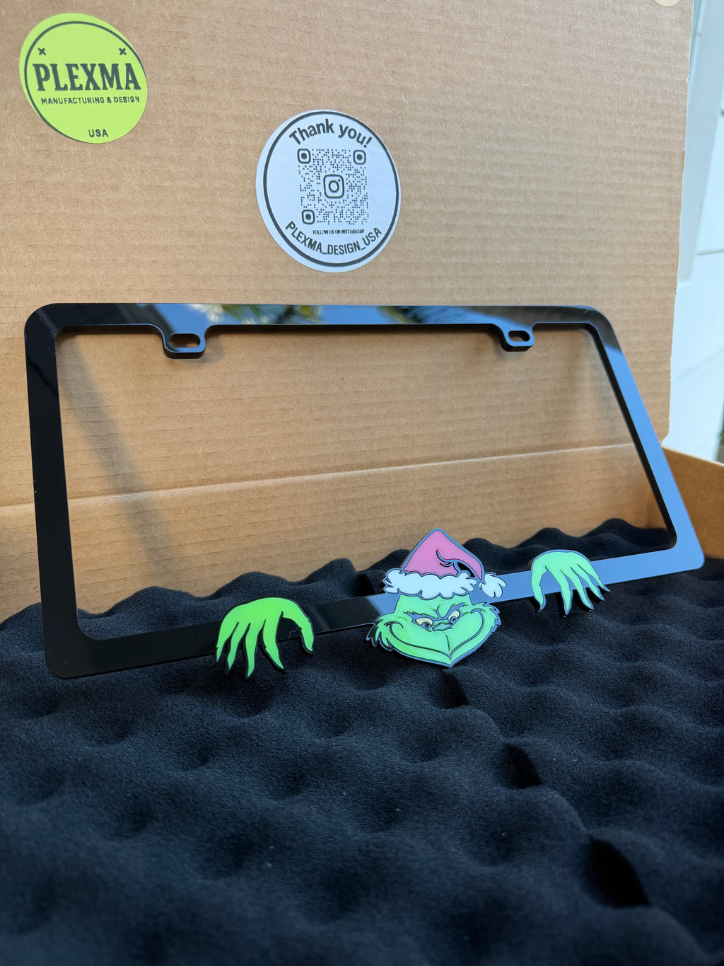 Grinch villain holiday plate frame 3D layered acrylic for cars, premium black finish