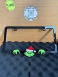 Grinch 3D black acrylic license plate frame with raised logo, handmade in USA
