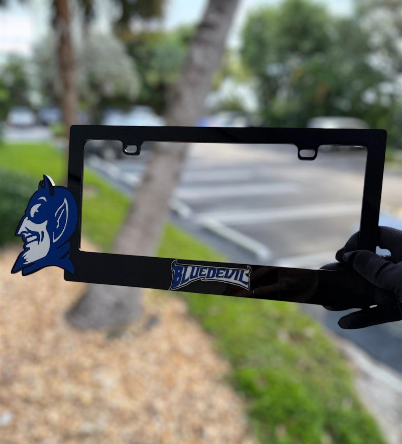Blue Devil themed license plate frame, layered acrylic, premium 3D design