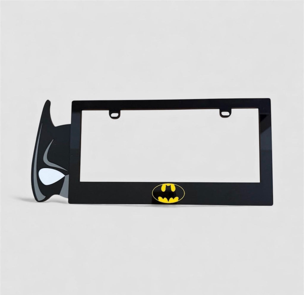 Batman 3D black acrylic license plate frame with raised logo, handmade in USA