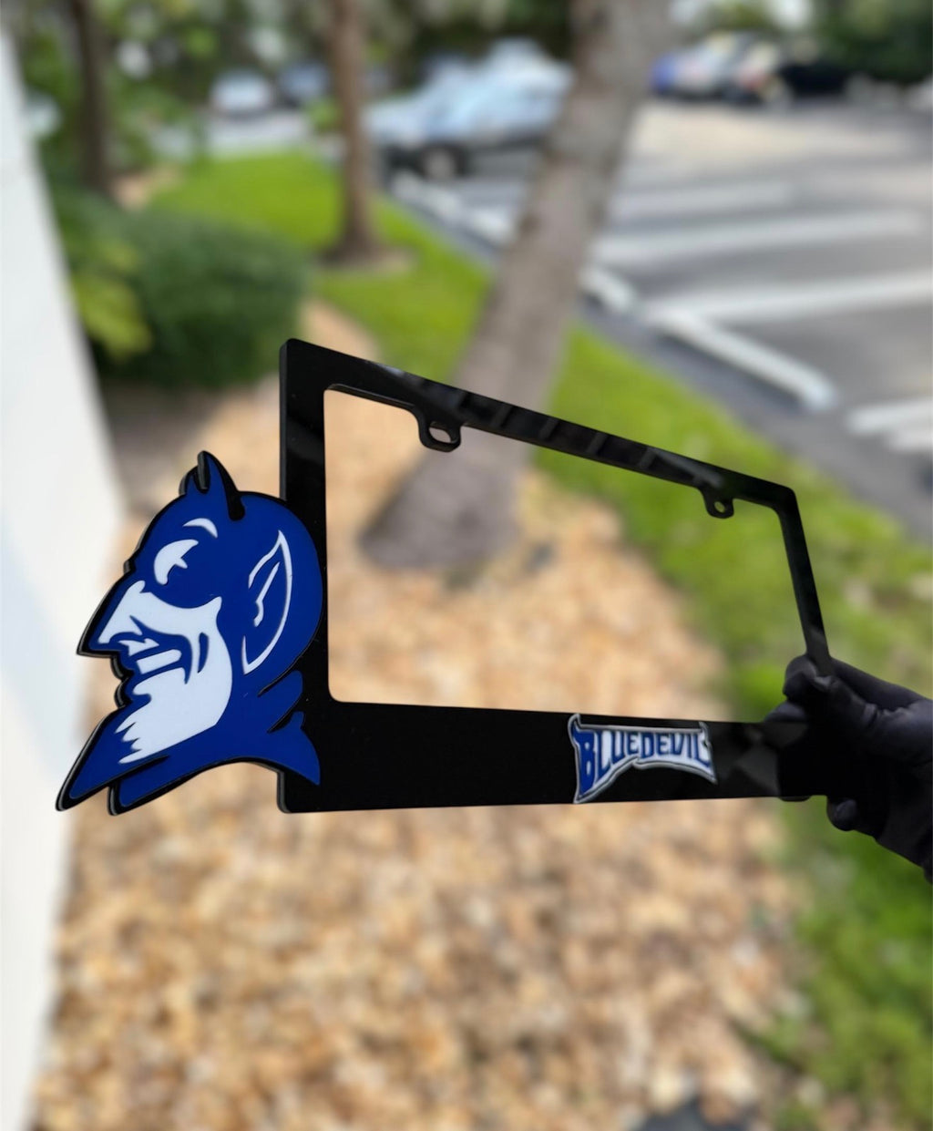 Custom Blue Devil logo 3D acrylic license plate frame, heat resistant