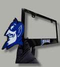 Blue Devil 3D license plate frame in glossy black acrylic, handmade in USA