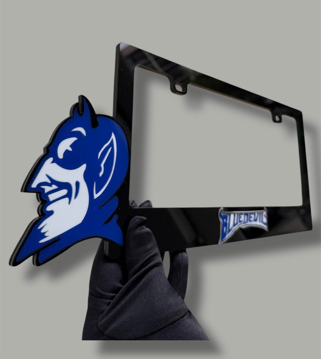 Blue Devil 3D license plate frame in glossy black acrylic, handmade in USA