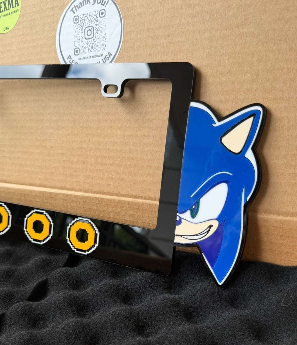Sonic 3D acrylic license plate frame glossy black with cartoon hedgehog racing style design