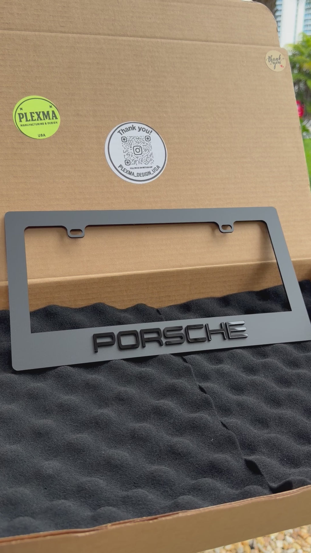 Porsche sports car 3D license plate frame layered black acrylic, premium custom design