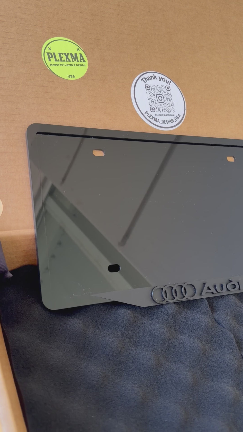 Custom Audi logo 3D acrylic license plate frame, heat resistant, black