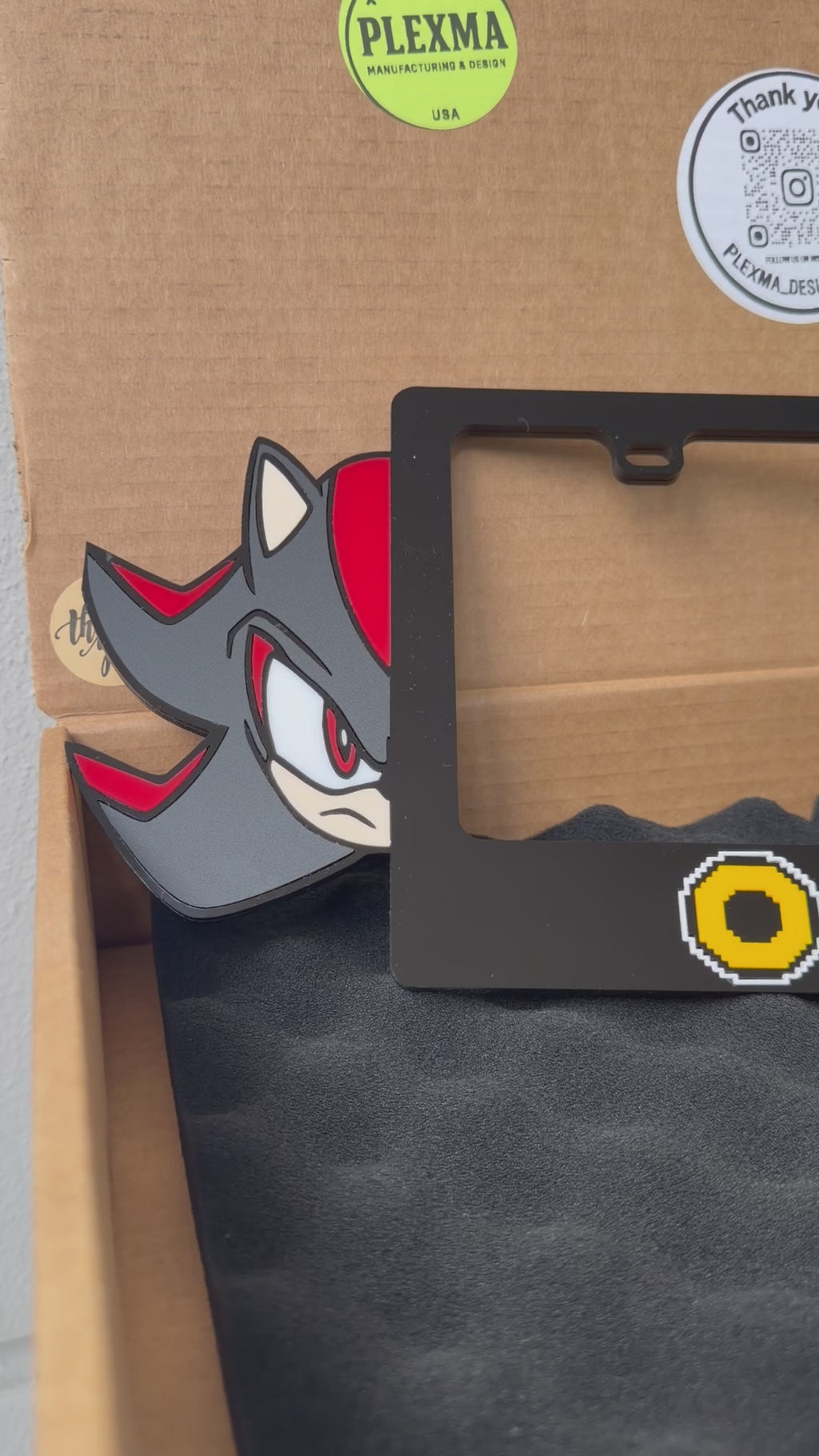 Blue Sonic character custom license plate frame handmade USA layered acrylic